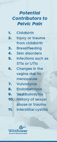 List of 11 potential contributors to pelvic pain, blue text on light blue background. Text reads: childbirth, breastfeeding, skin disorders, infections such as STIs or UTIs, injury or trauma from childbirth, changes in the vagina due to menopause, vulvodynia, endometriosis, vestibulodynia, history of sexual abuse or trauma, interstitial cystitis.