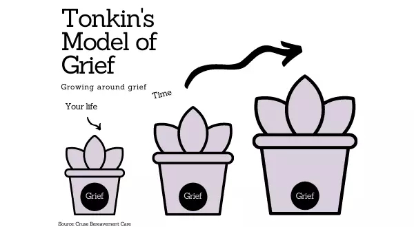 Tonkin's model of grief. Plants representing "your life" growing around a circle of grief over time.